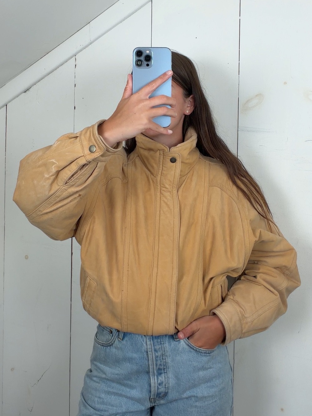 Vintage Tan Yellow Sunfaded Genuine Leather Bomber Jacket Women’s M Funnel Neck